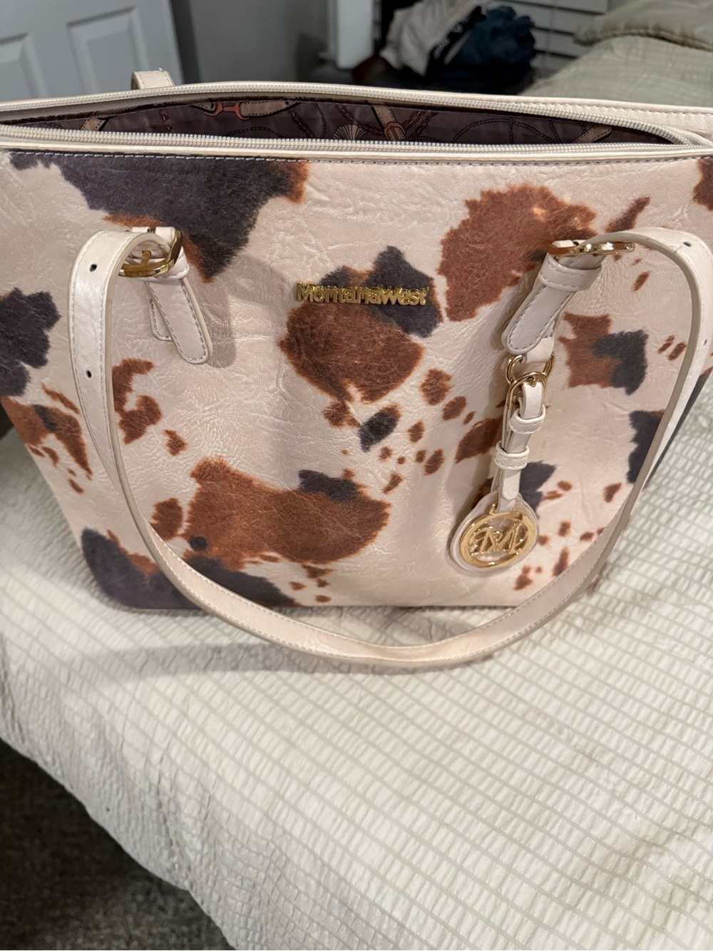 Montana West Cow Print Tote Bag Western Shoulder Purse Cream Brown